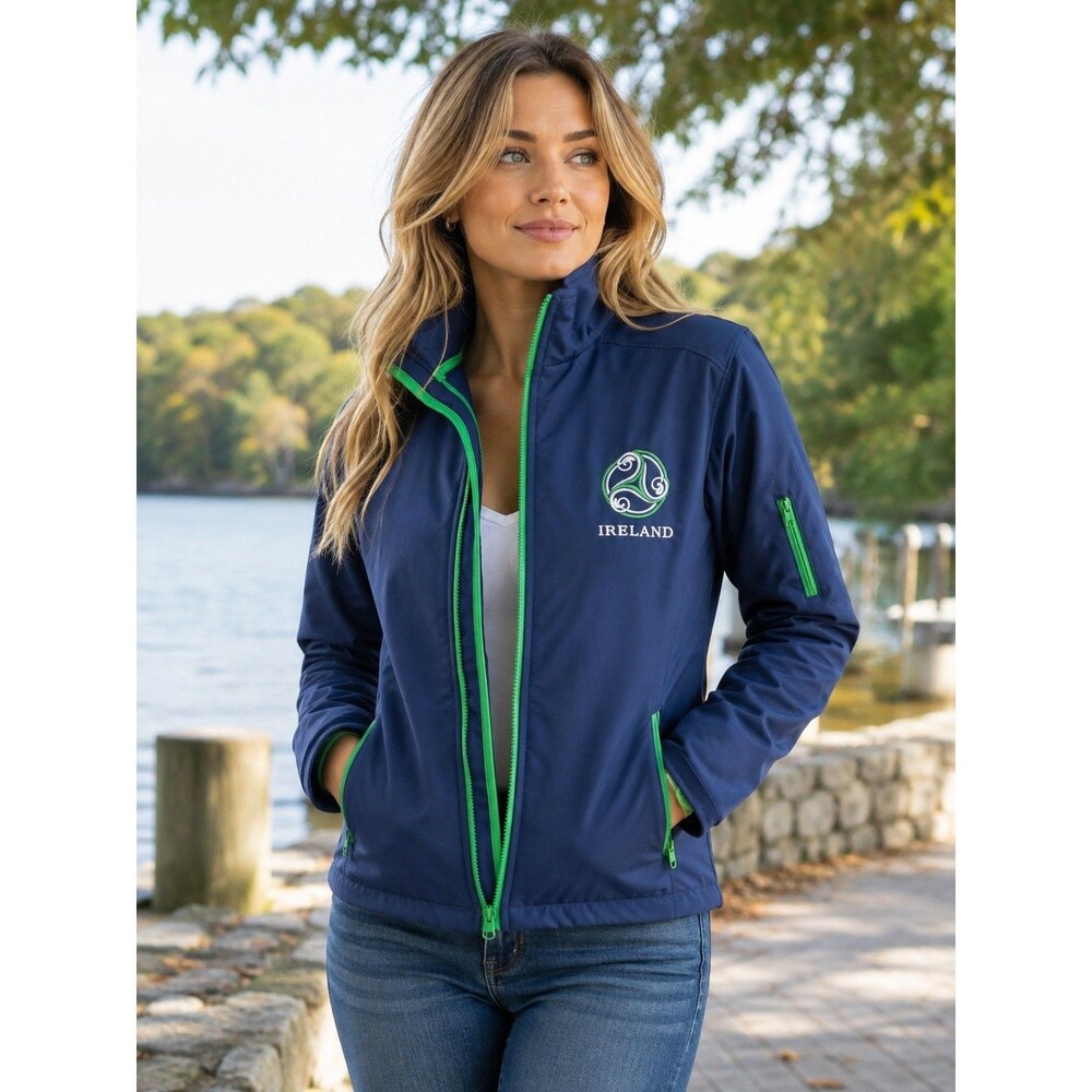 Ireland Womens Softshell Jacket L 12-14 Navy Green Fleece Lined Windbreaker